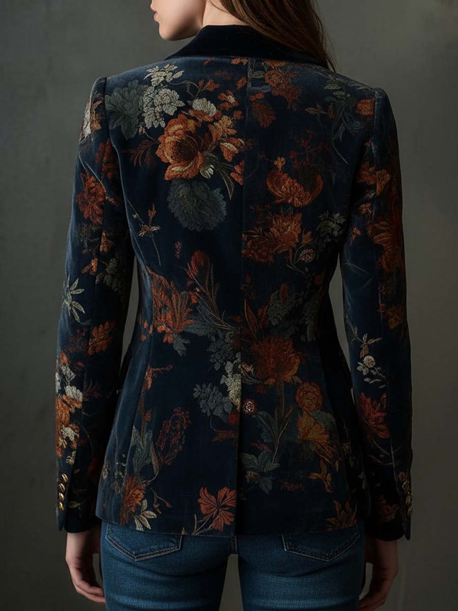 Sadie – Floral Velvet Blazer with Gold Buttons