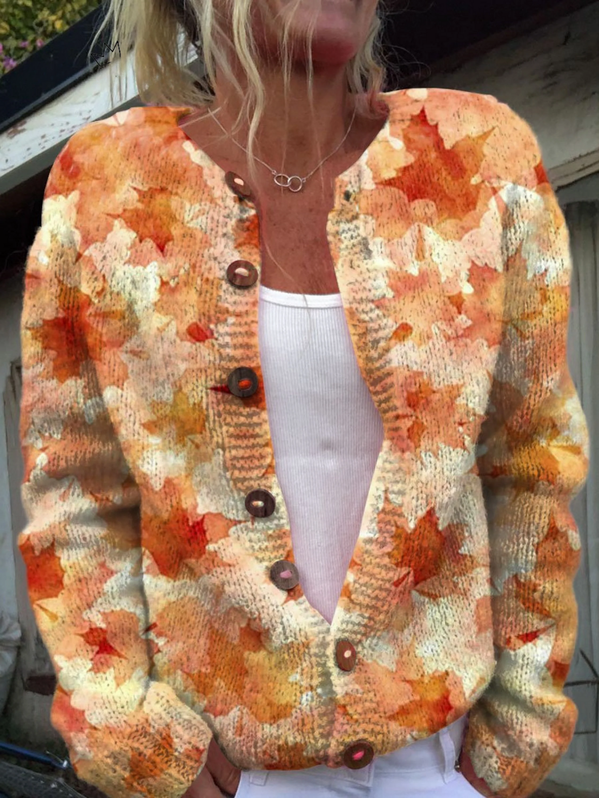 Kathleen – Vintage Leaf Print Knit Cardigan