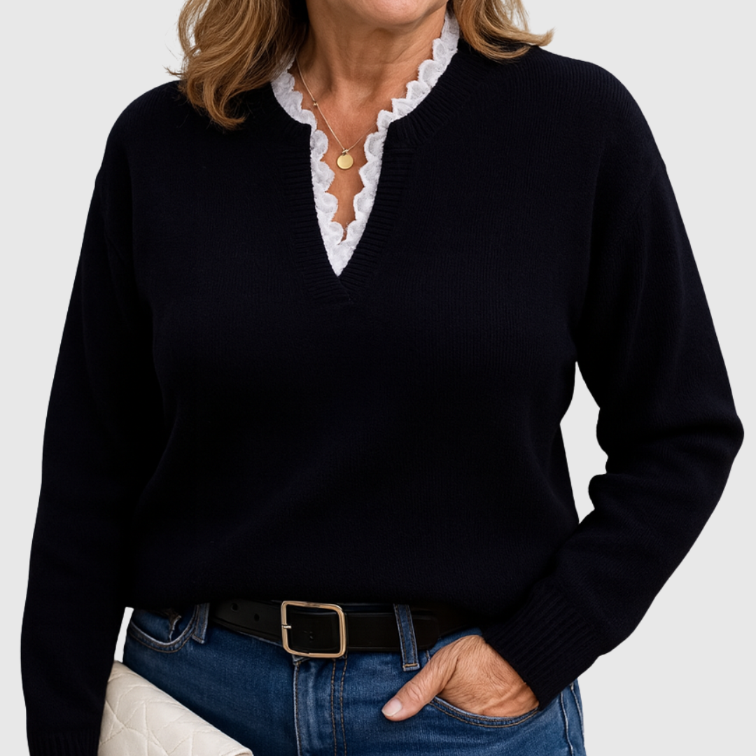 Lori – Lace-Trim V-Neck Knit Sweater