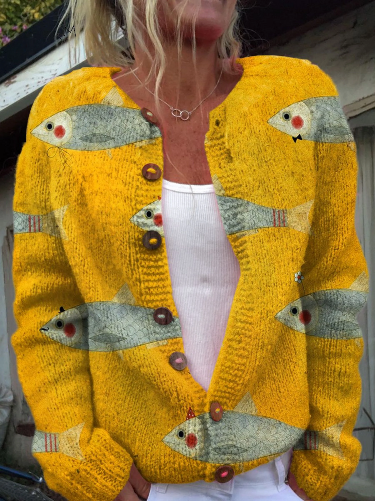 Jennifer – Vintage Knit Fish Print Cardigan