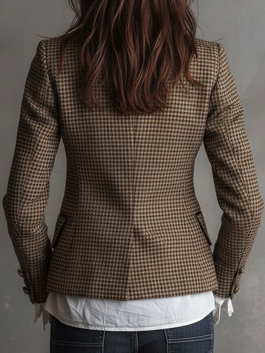 Angelique – Houndstooth Tailored Blazer with Velvet Trim