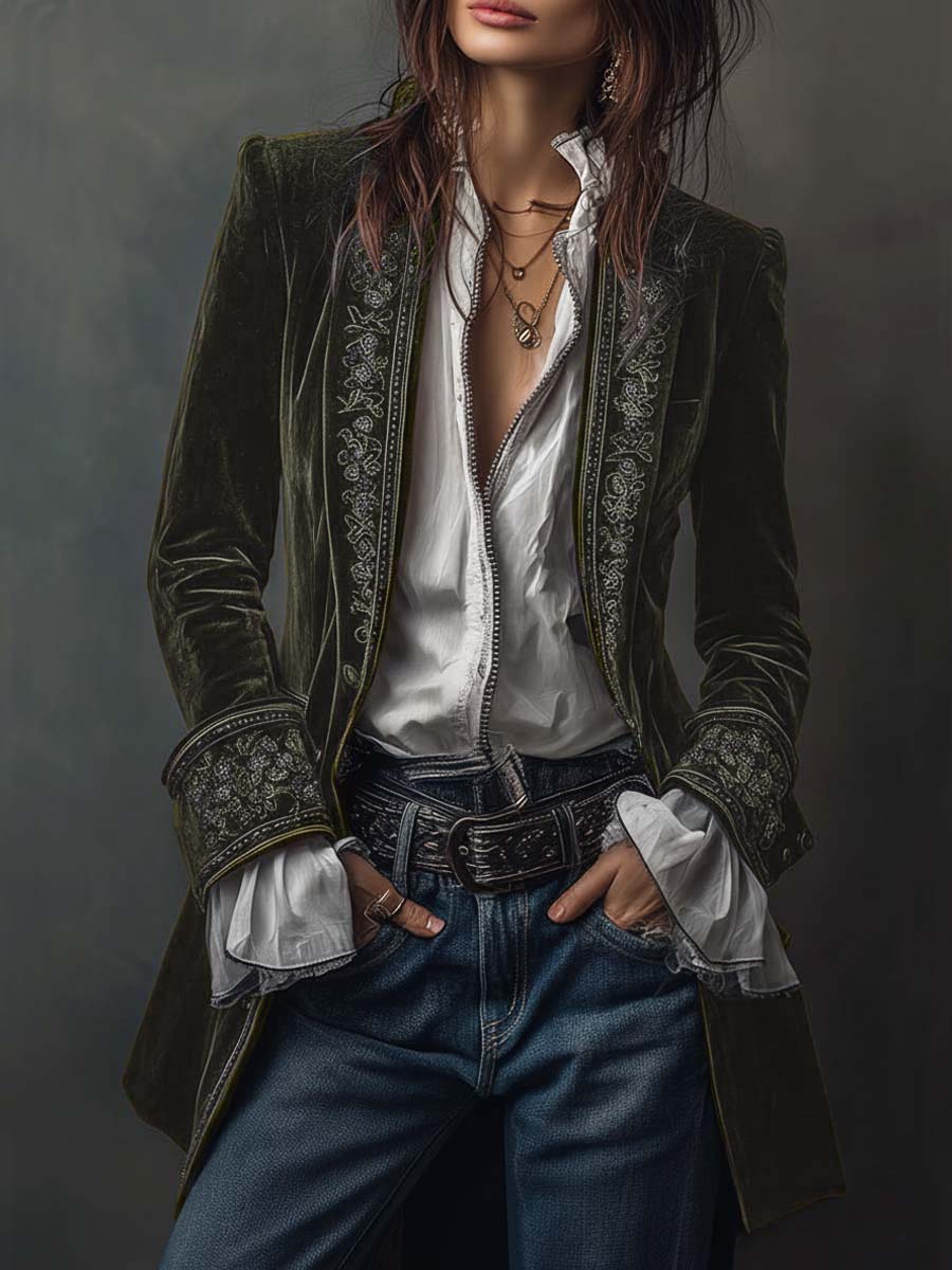 Rosemary – Embroidered Velvet-Look Long Jacket