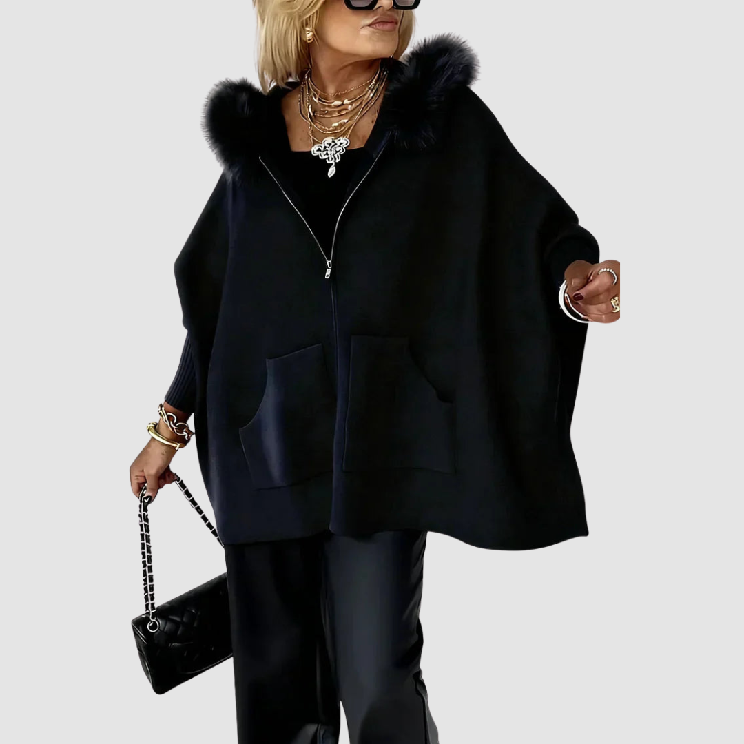 Tara – Faux Fur Hood Poncho Coat