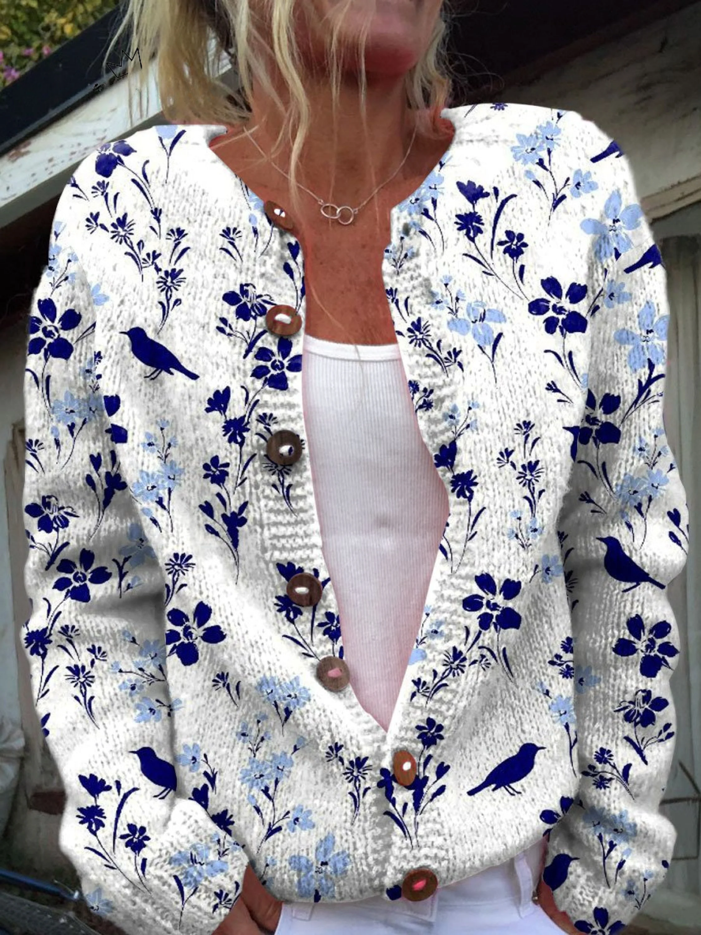 Tanya – Floral and Bird Print Knit Cardigan