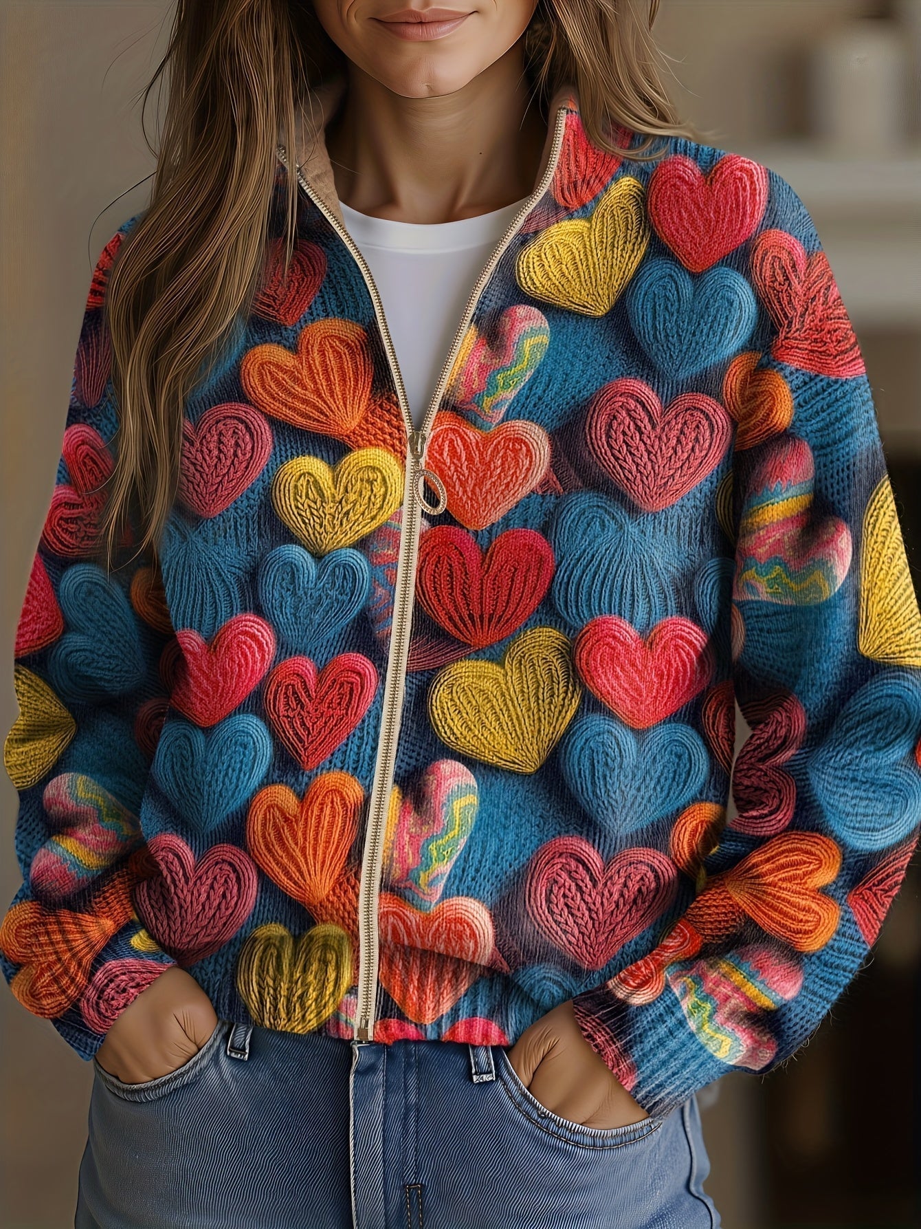 Maggie – Heart Print Zip-Up Knit Jacket