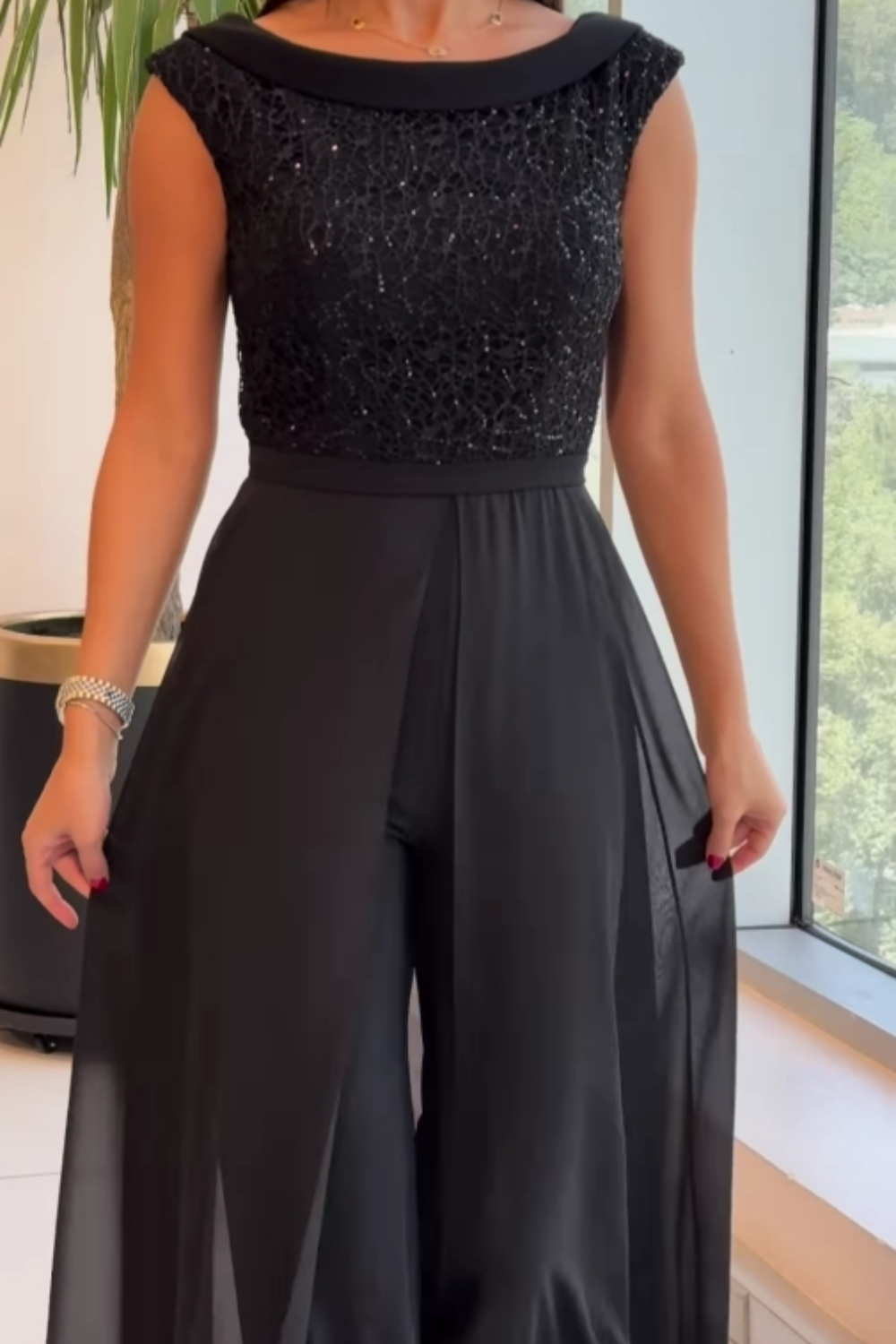 Kristen – Sequin Bodice Jumpsuit with Chiffon Overlay