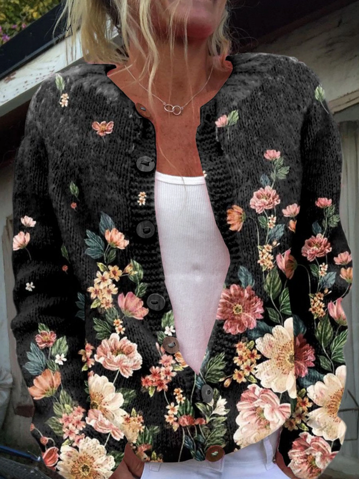 Terri – Floral Knit Button-Front Cardigan