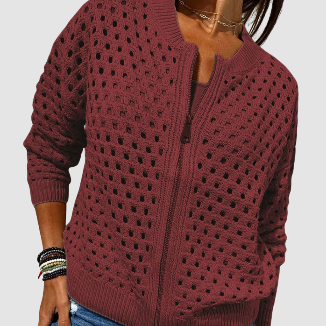 Marla – Hollow-Knit Zip-Up Cardigan