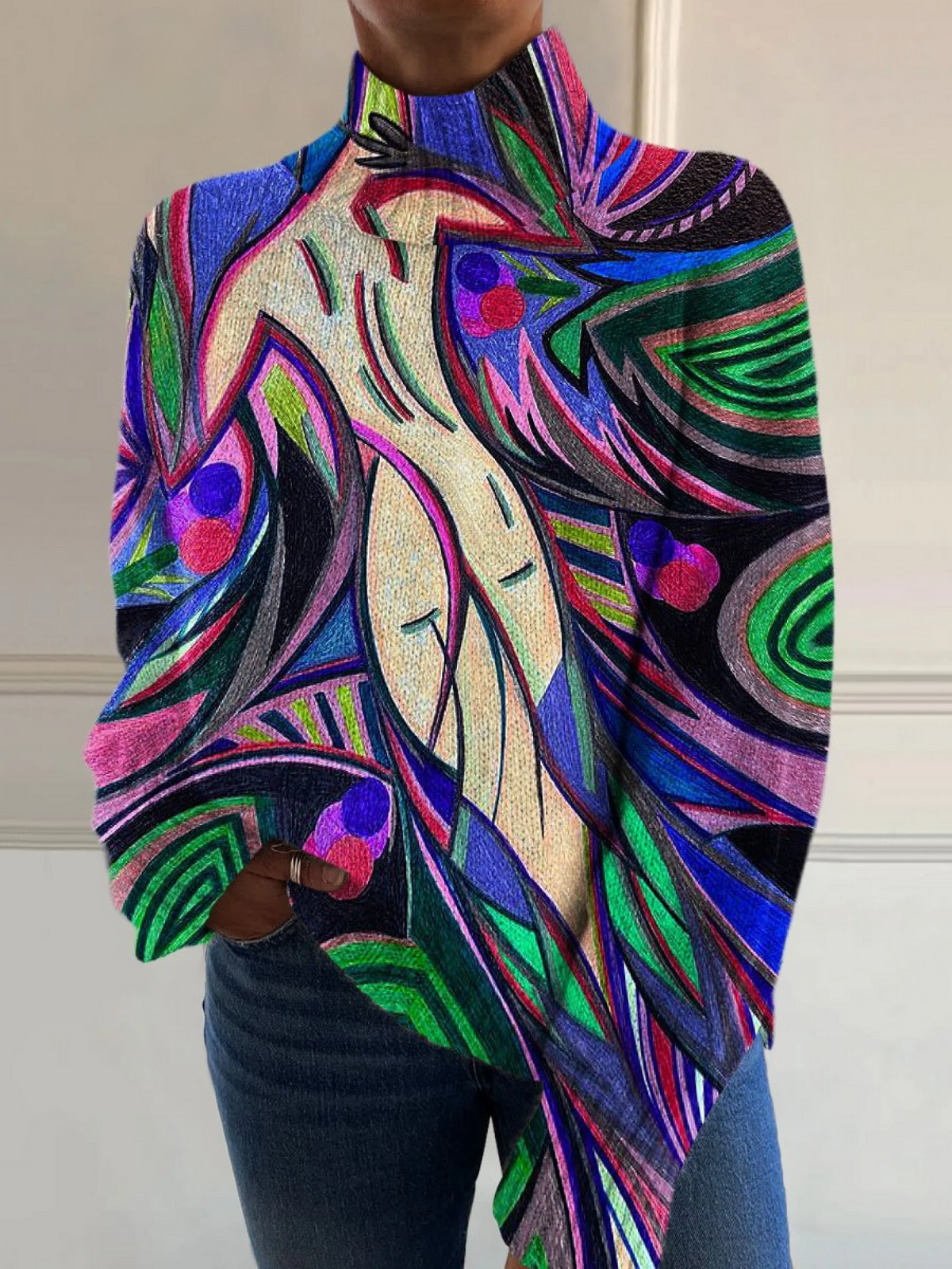 Cheryl – Abstract Art Print Turtleneck Top