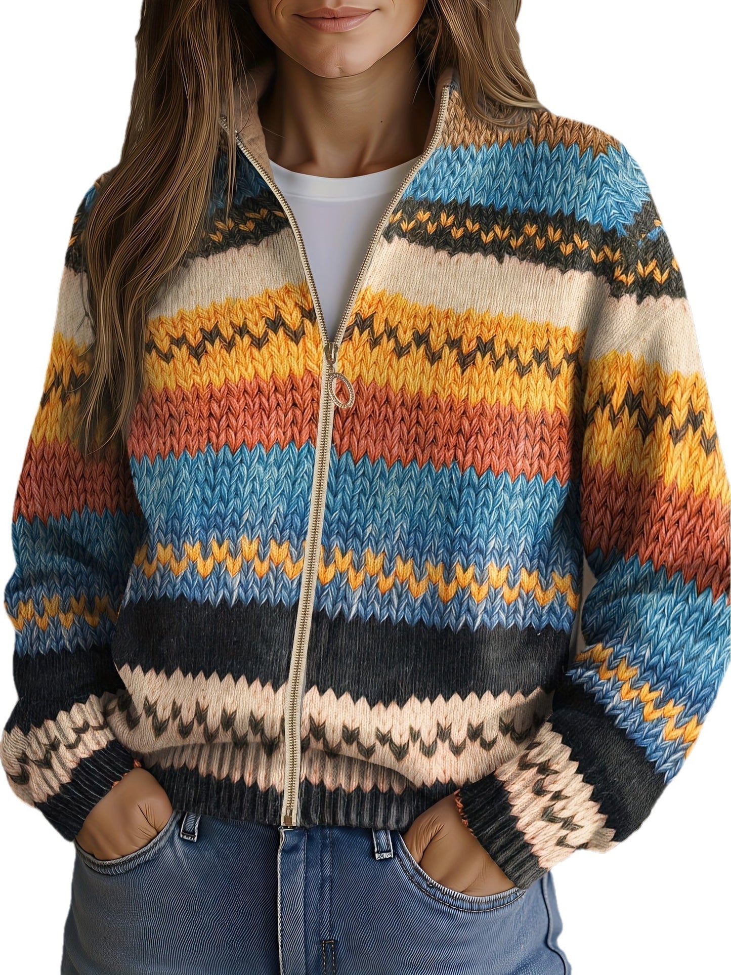 Gina – Striped Zip-Up Knit Cardigan