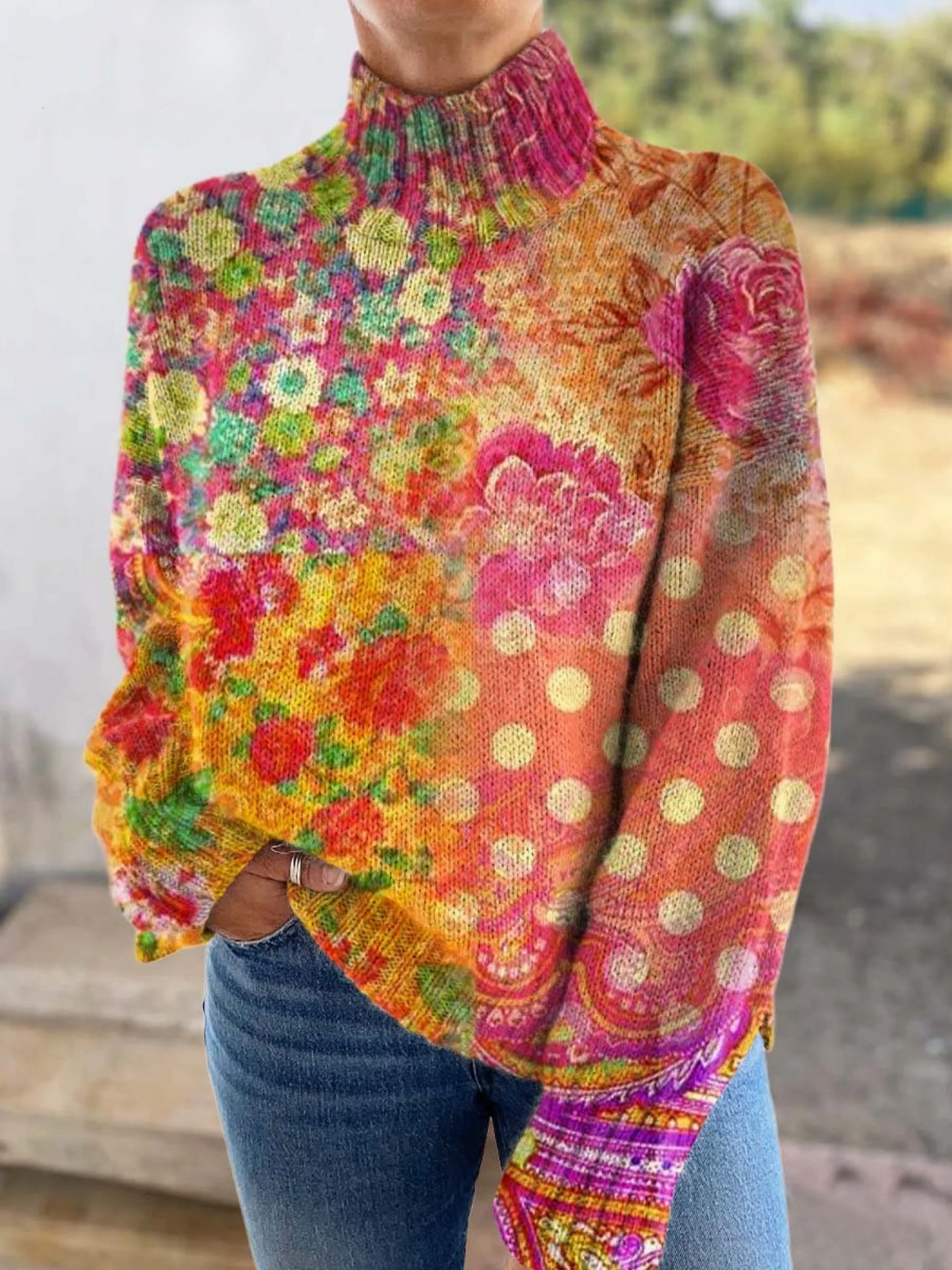Bridgette – Floral Print Turtleneck Knit Sweater