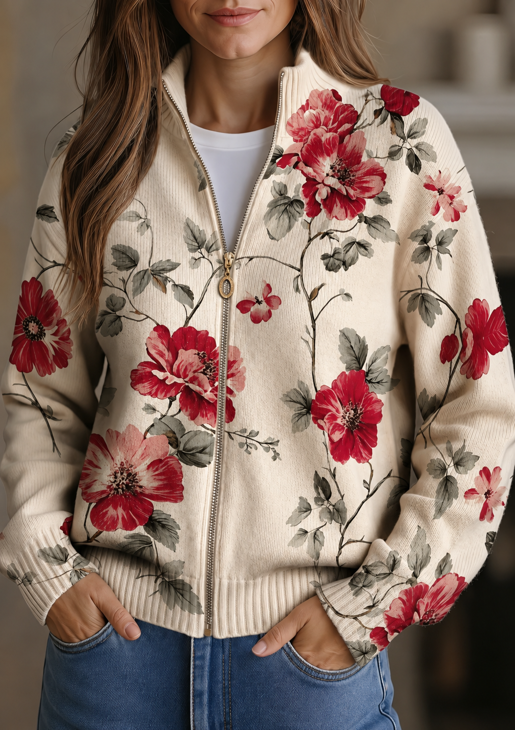 Colleen – Floral Print Zip-Up Knit Jacket