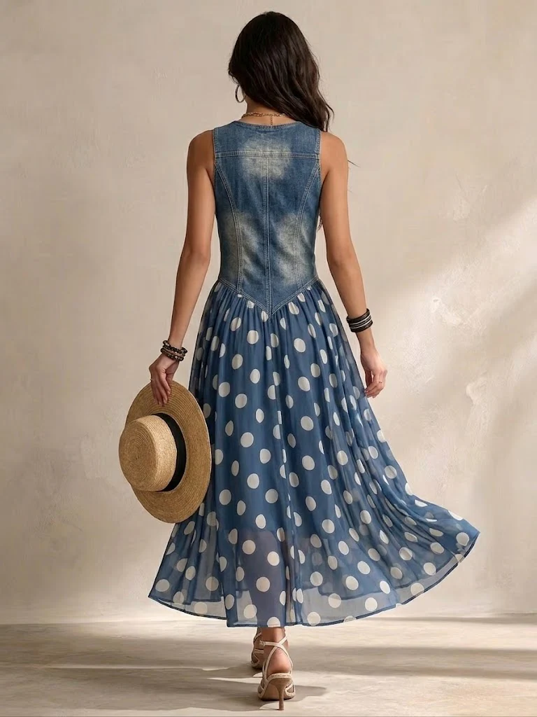Lynn – Denim Bodice Polka Dot Midi Dress