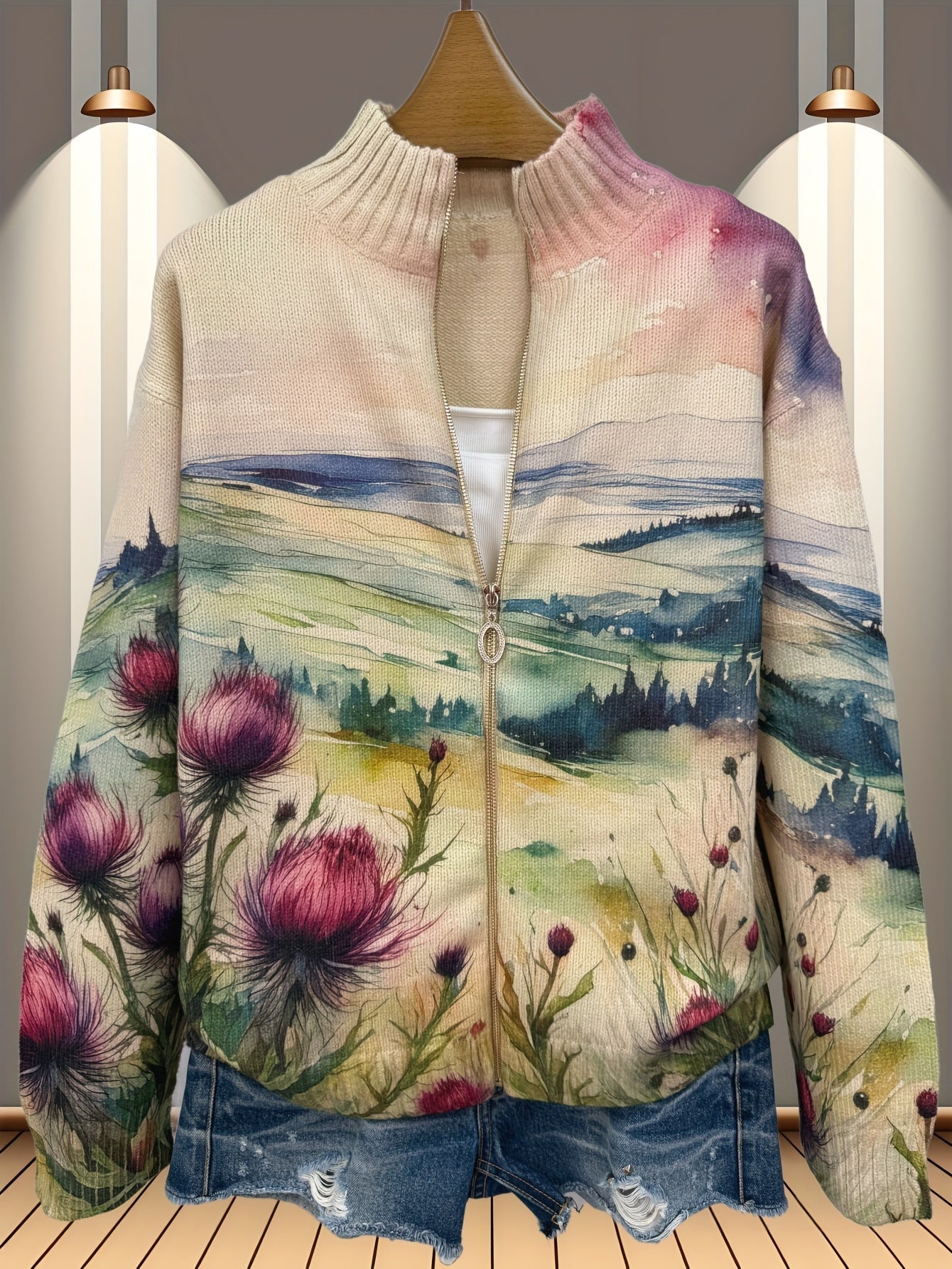 Evangeline – Watercolor Landscape Zip Cardigan