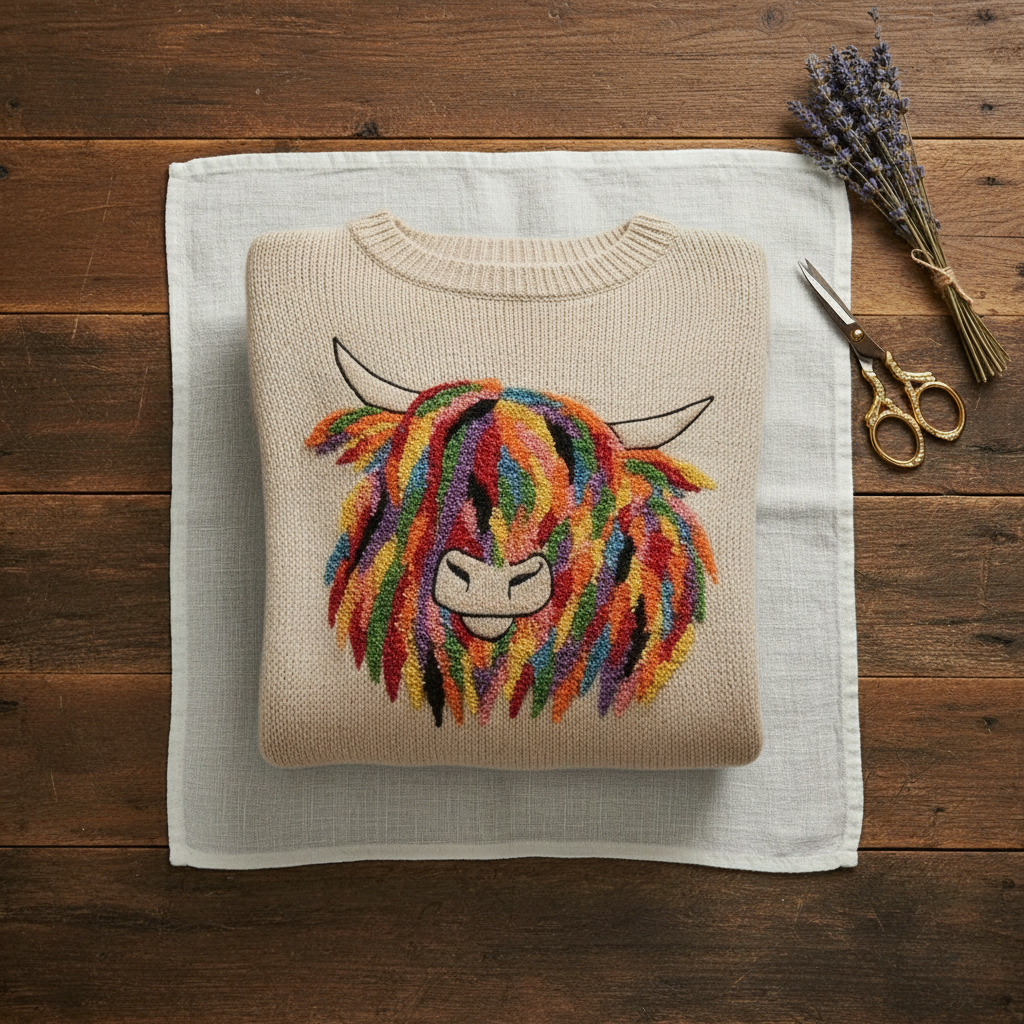 Carla – Knit Sweater with Rainbow Cow Graphic