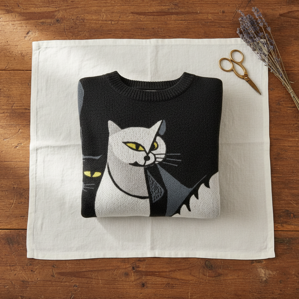 Mary – Graphic Cat Print Knit Sweater