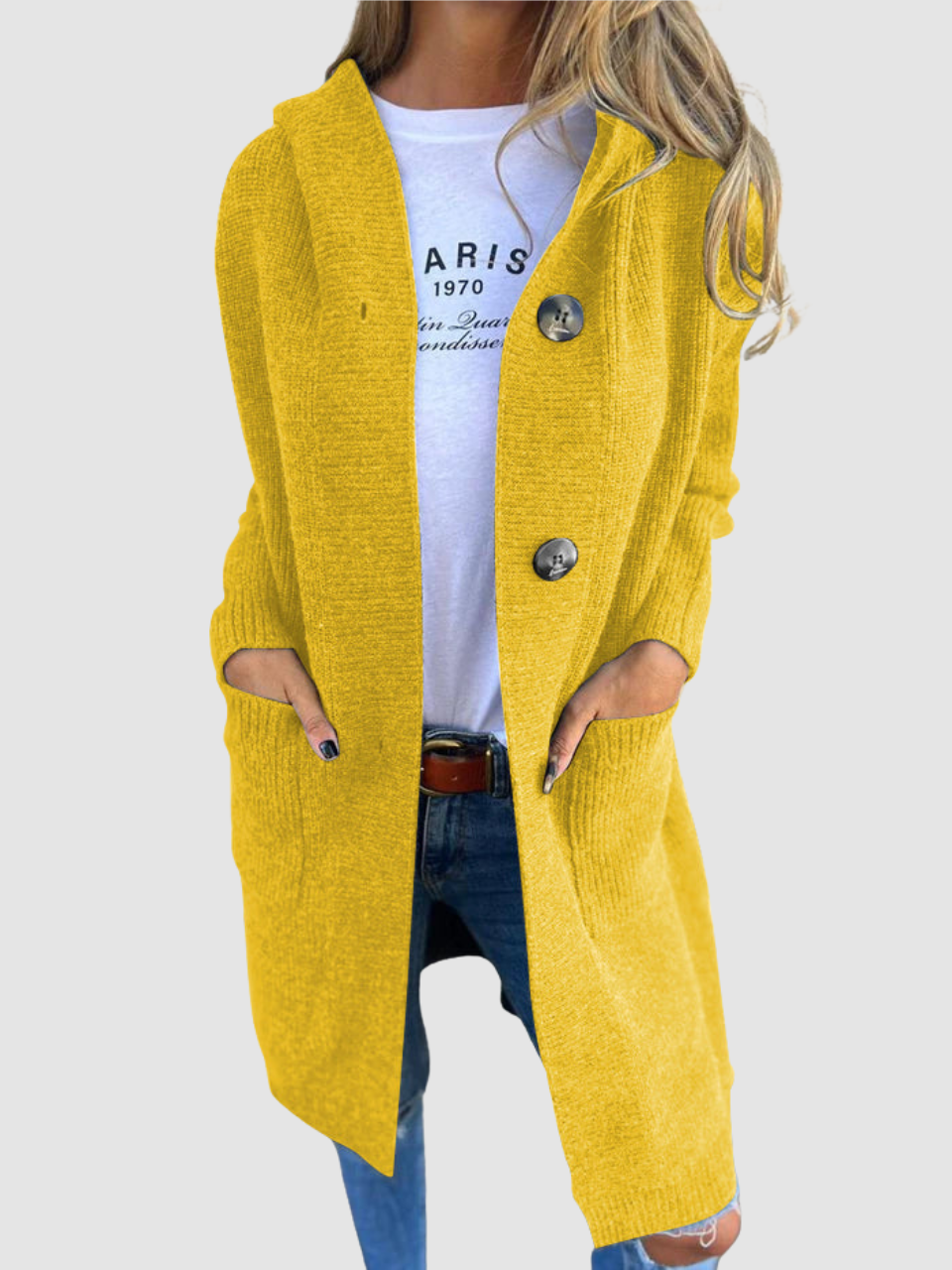 Geraldine – Hooded Knit Button-Front Cardigan