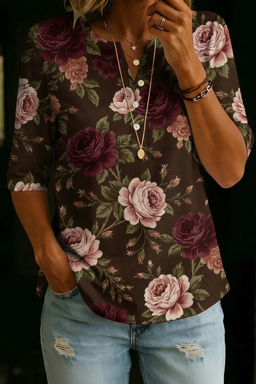 Alice | Brown Rose Henley Top