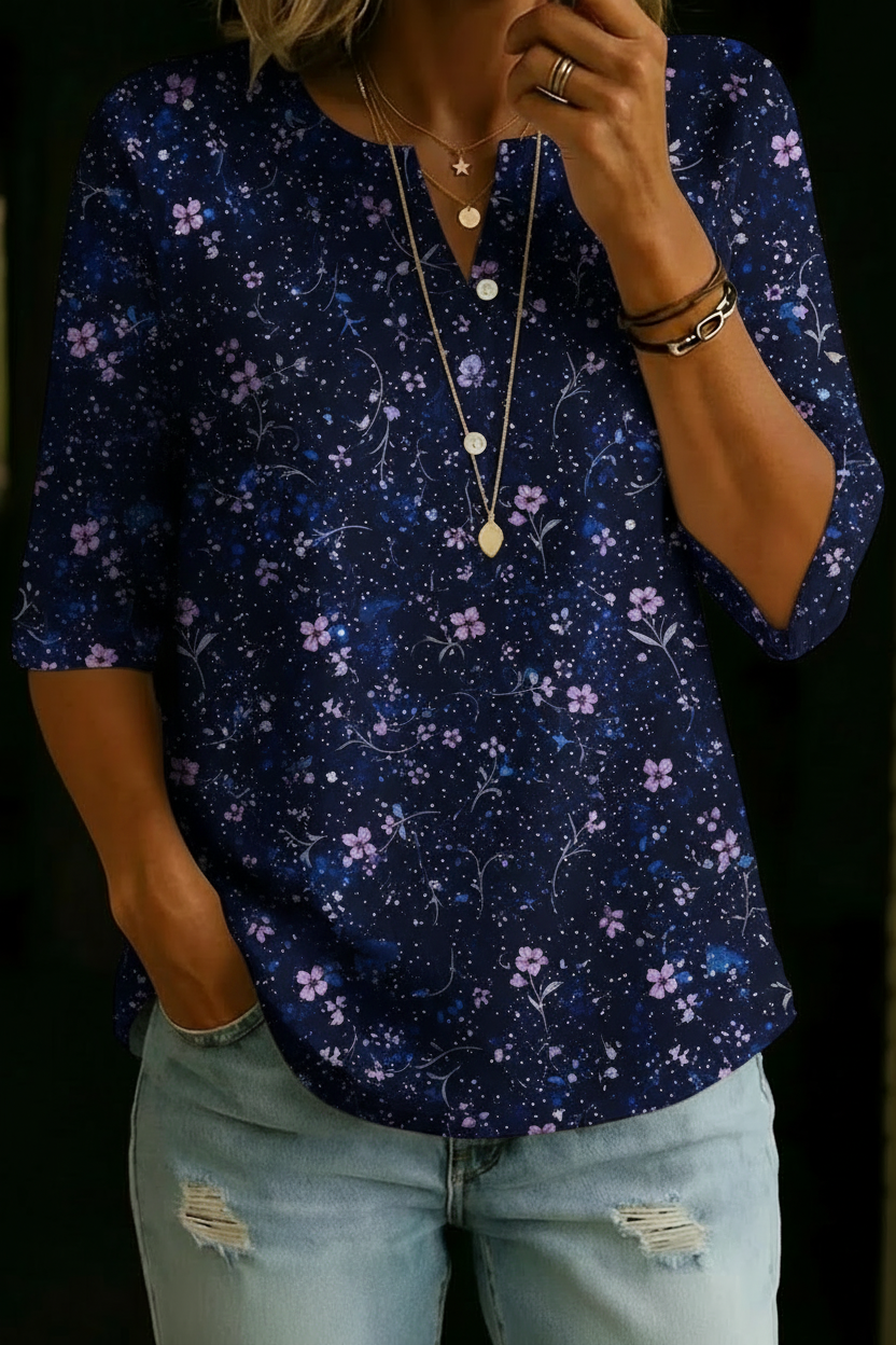 Sadie | Navy Starry Floral Henley Top