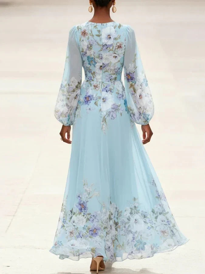 Juliette | Light Blue Floral Chiffon V-Neck Maxi Dress