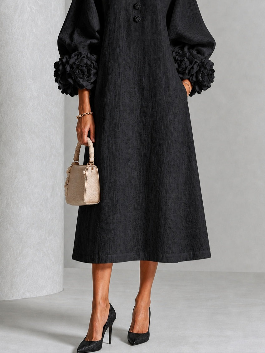 Marcella – Midi Dress with Sculptural Floral Cuffs