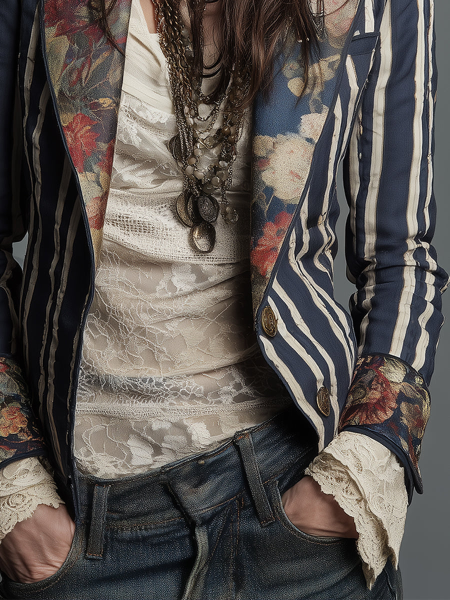 Jill – Striped Blazer with Floral Panel Detail