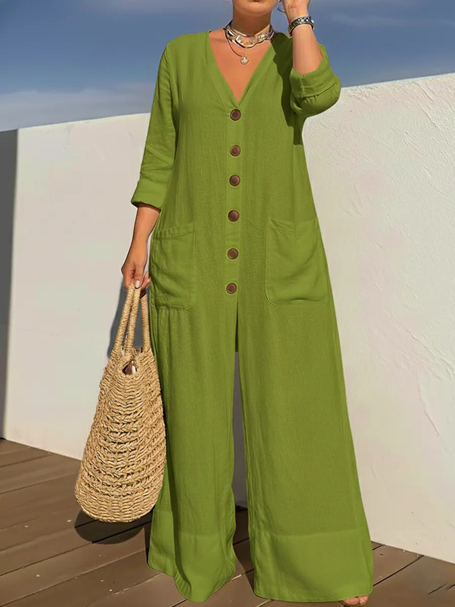 Kari – Wide Leg Button-Front Linen-Look Jumpsuit