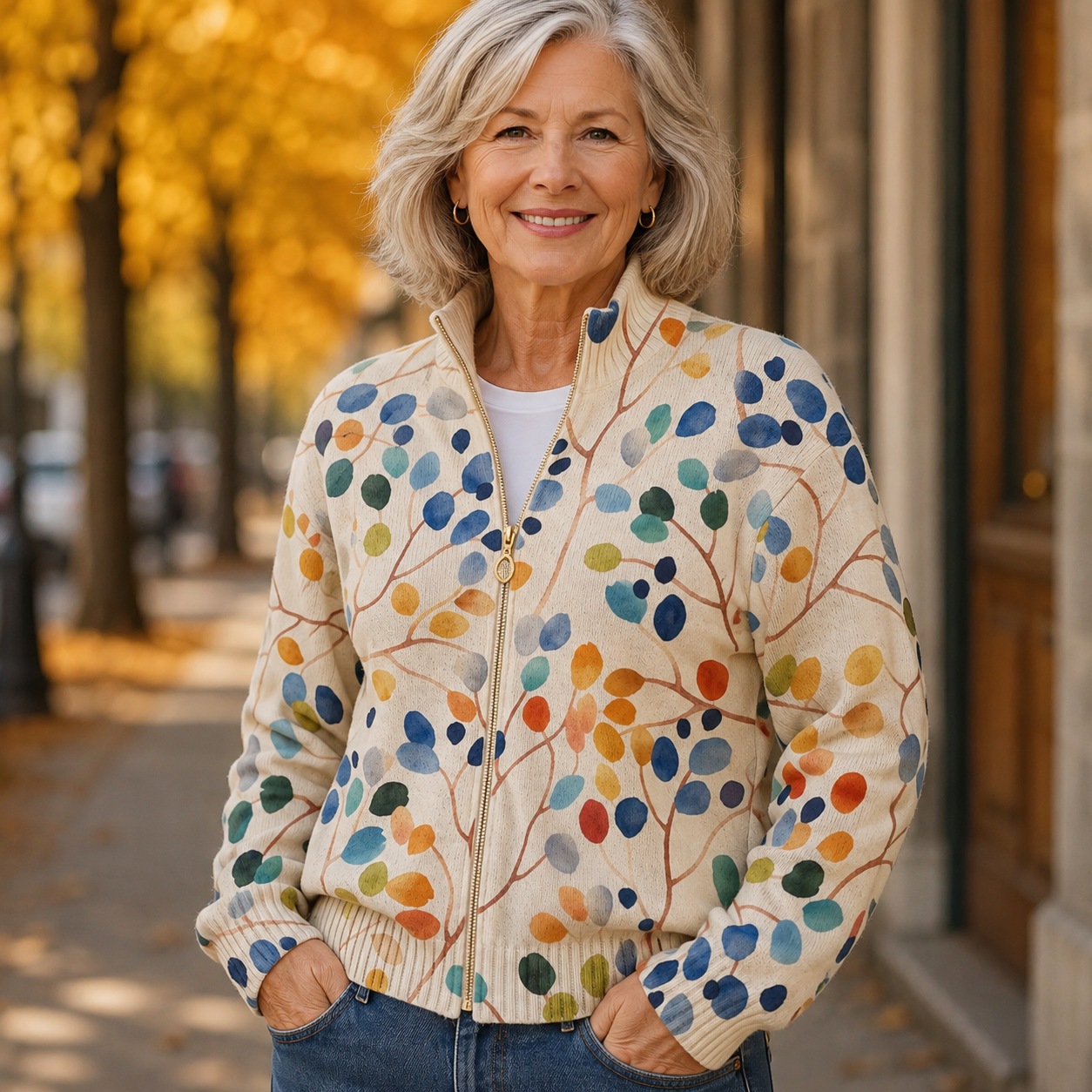 Hazel – Botanical Leaf Print Zip Jacket