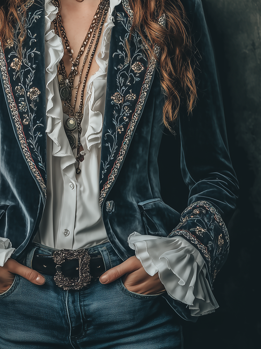 Cathleen – Embroidered Velvet Blazer with Ruffle Cuffs
