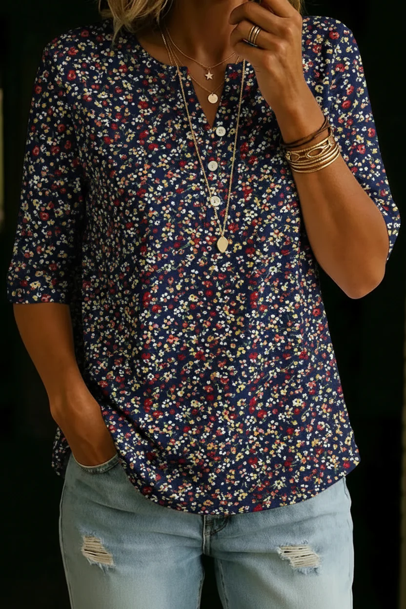 Adeline | Romantic Vintage Floral Henley Top