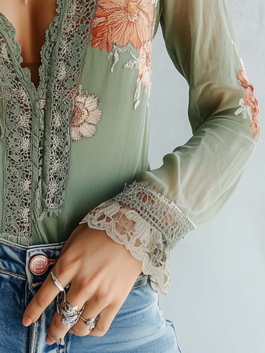 Kay – Embroidered Lace Trim Boho Blouse