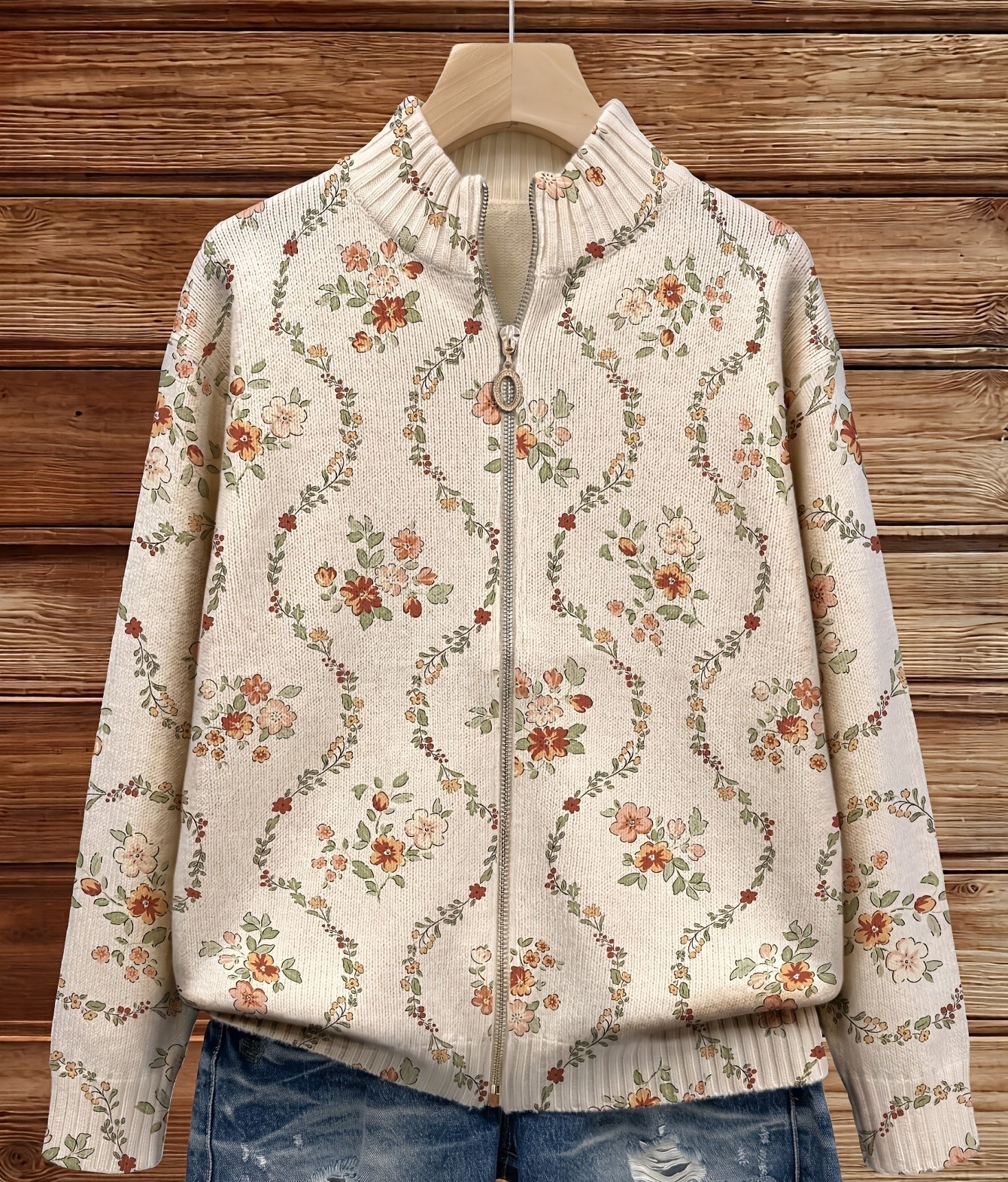 Carol – Floral Vine Zip-Up Knit Jacket