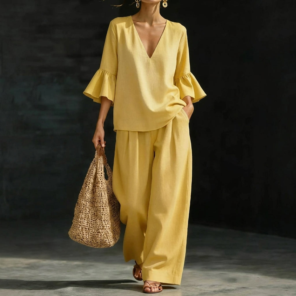 Eunice – Ruffled Blouse and Wide-Leg Pants Set