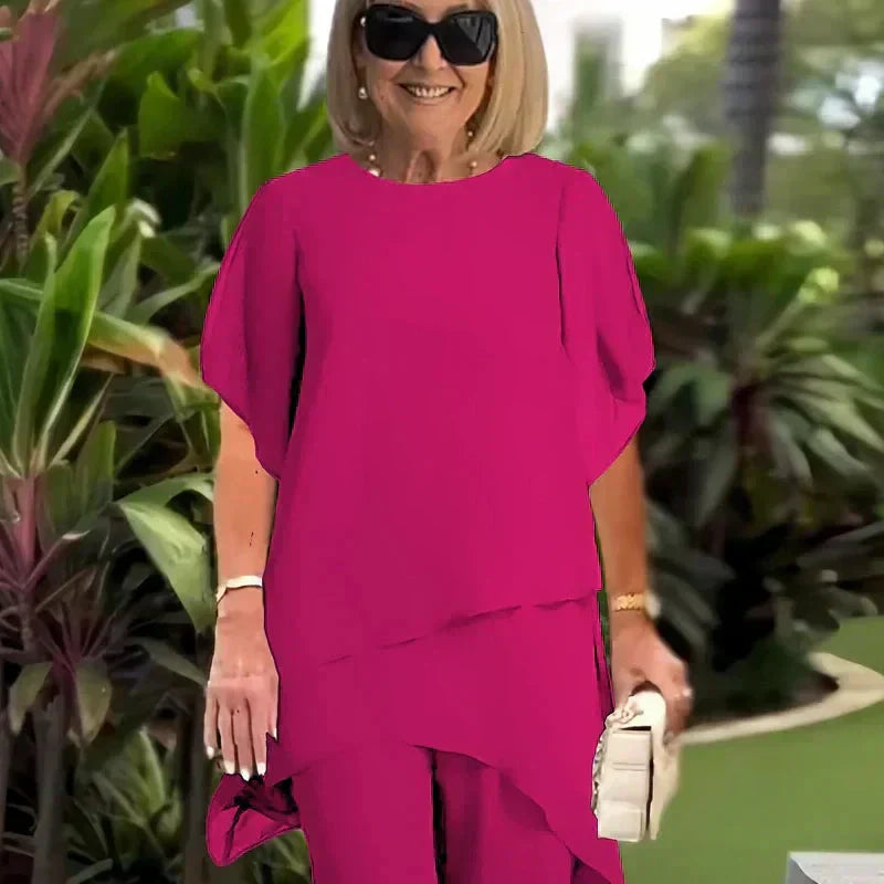 Alicia – Draped Chiffon Top and Wide-Leg Pants Set