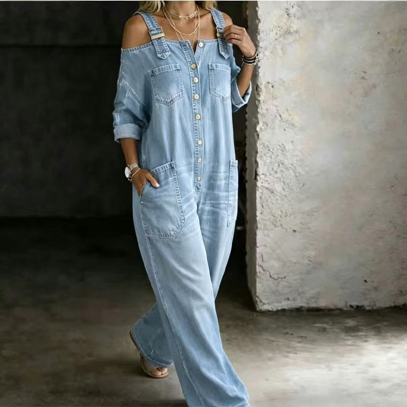 Julie – Cold-Shoulder Denim-Look Wide-Leg Jumpsuit