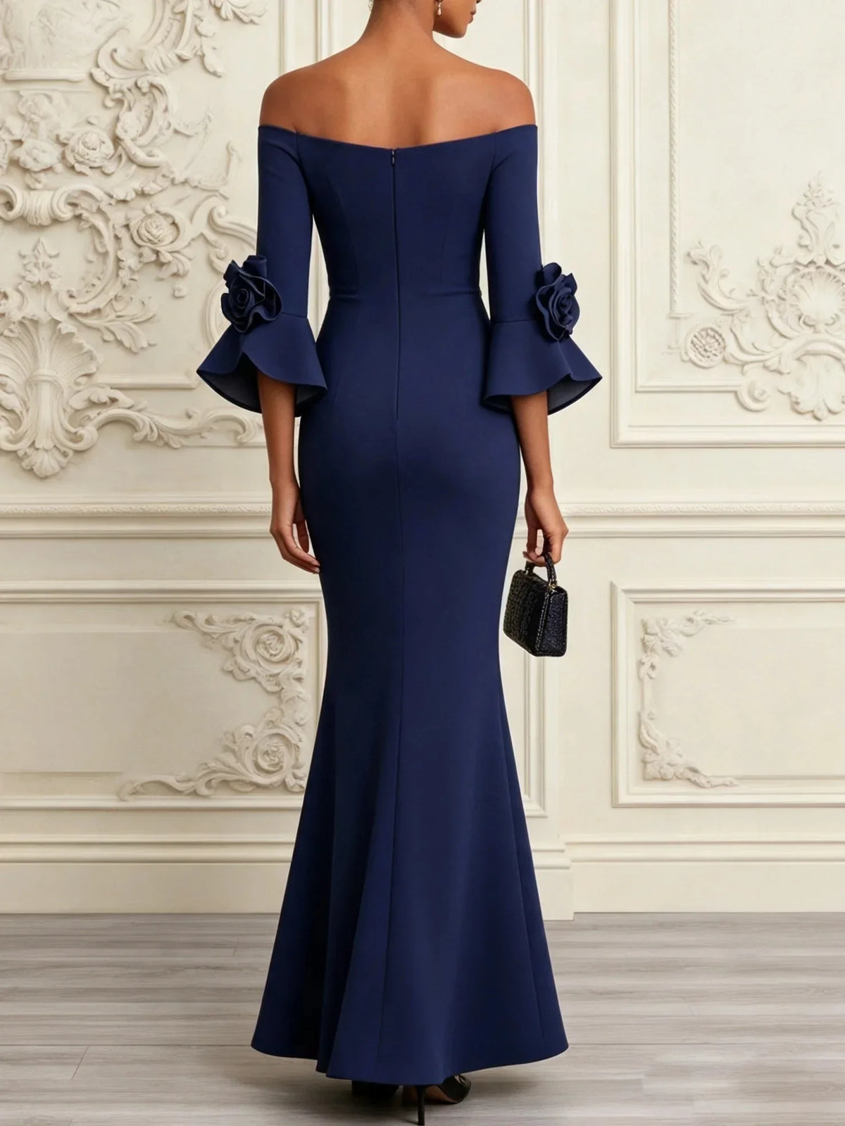 Lindsey – Off-Shoulder Mermaid Gown with Floral Sleeves