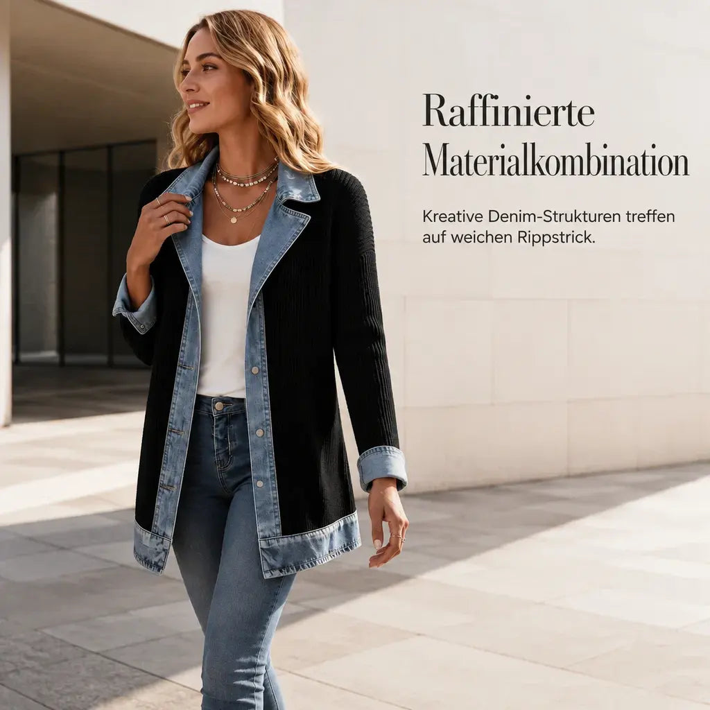 Imogene – Ribbed Knit and Denim Patchwork Jacket