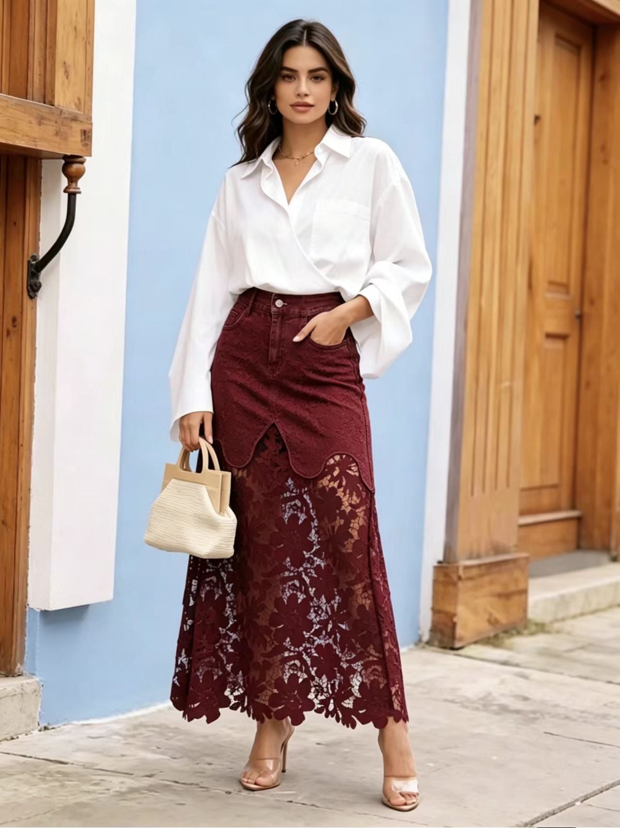 Blanche – Denim Maxi Skirt with Floral Lace Hem