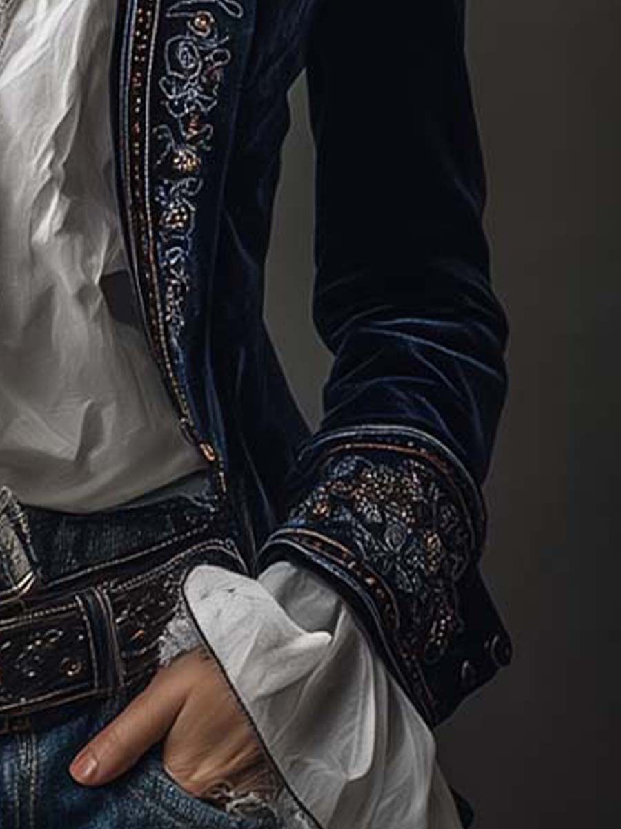 Rosemary – Embroidered Velvet-Look Long Jacket