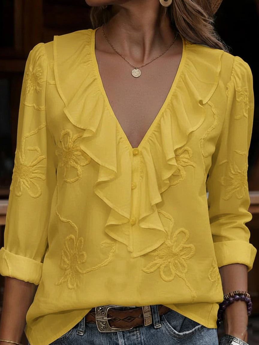 Kimberly – Ruffle V-Neck Embroidered Blouse