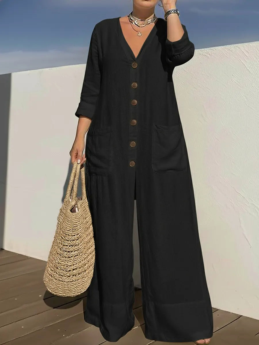 Kari – Wide Leg Button-Front Linen-Look Jumpsuit