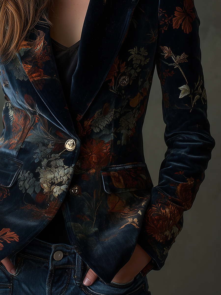Sadie – Floral Velvet Blazer with Gold Buttons
