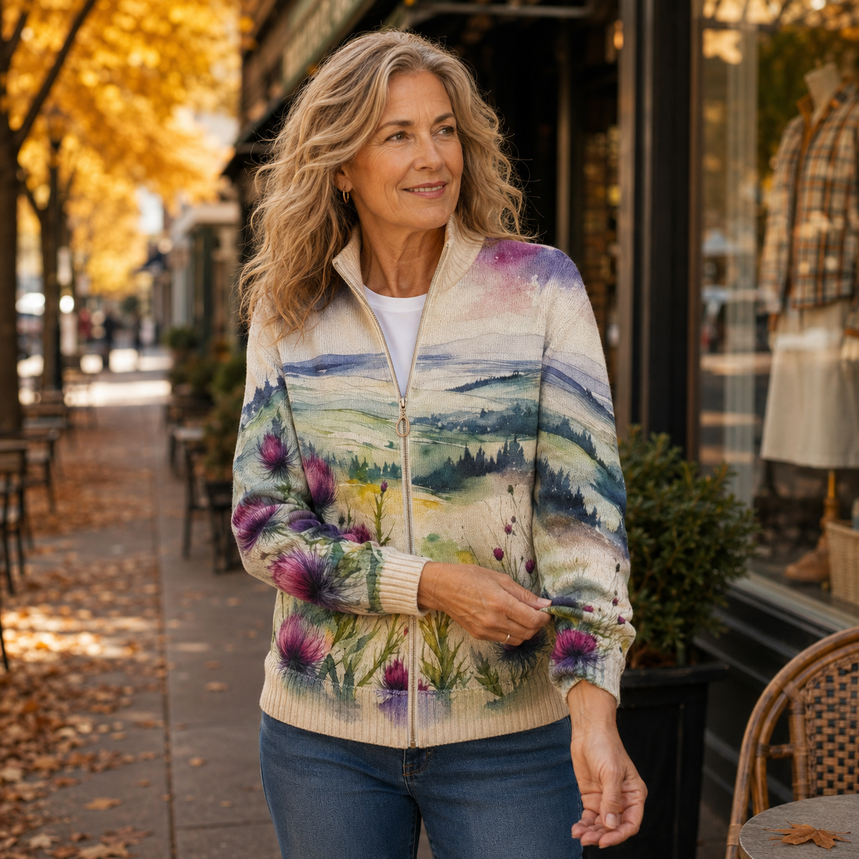 Evangeline – Watercolor Landscape Zip Cardigan