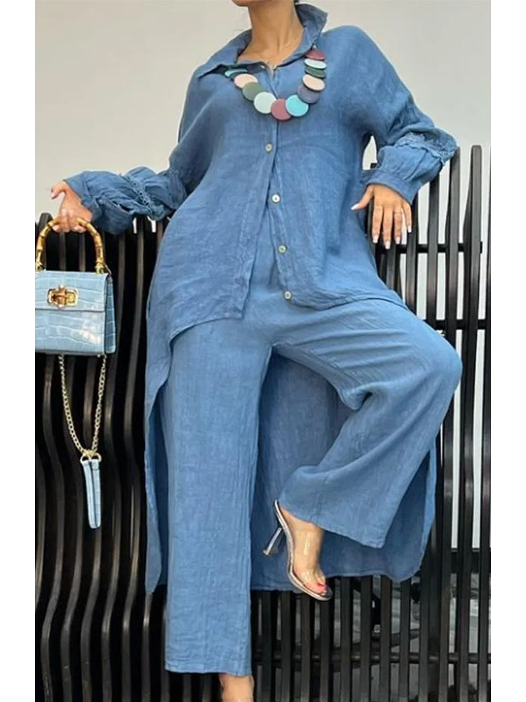 Doris – Linen-Look Long Shirt and Wide-Leg Pants Set