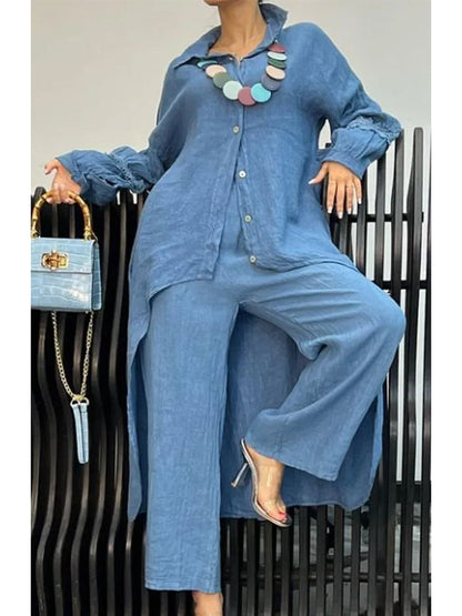 Doris – Linen-Look Long Shirt and Wide-Leg Pants Set