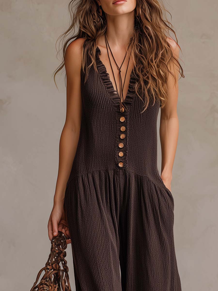 Mary – Bohemian Button-Front Wide Leg Jumpsuit