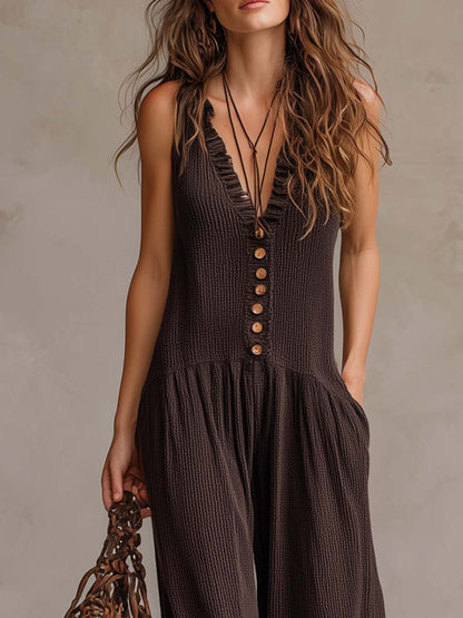Mary – Bohemian Button-Front Wide Leg Jumpsuit