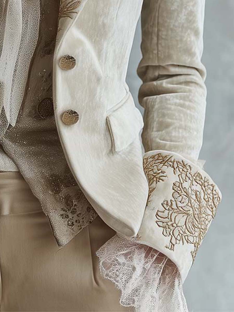 Camille – Embroidered Velvet-Look Blazer with Lace Cuffs