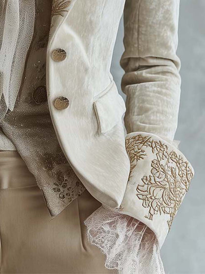 Camille – Embroidered Velvet-Look Blazer with Lace Cuffs