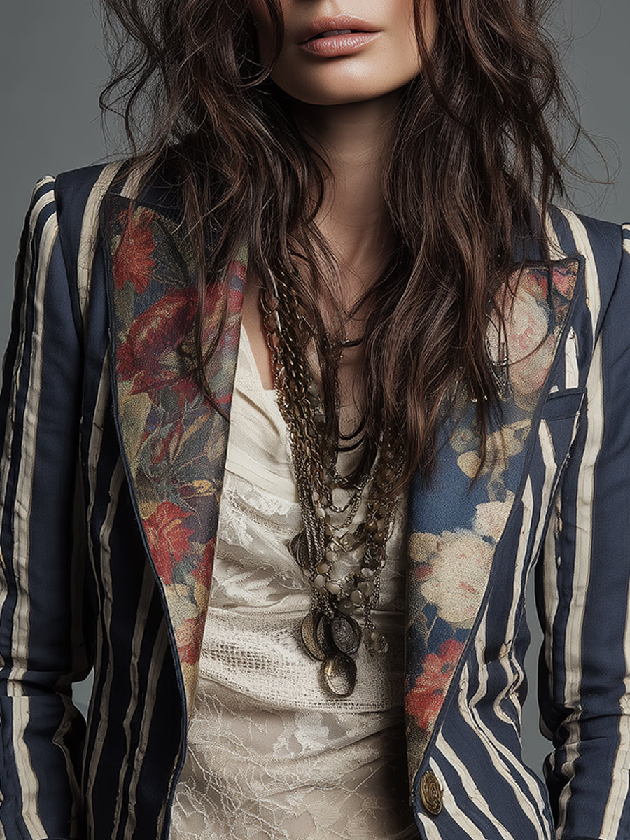 Jill – Striped Blazer with Floral Panel Detail